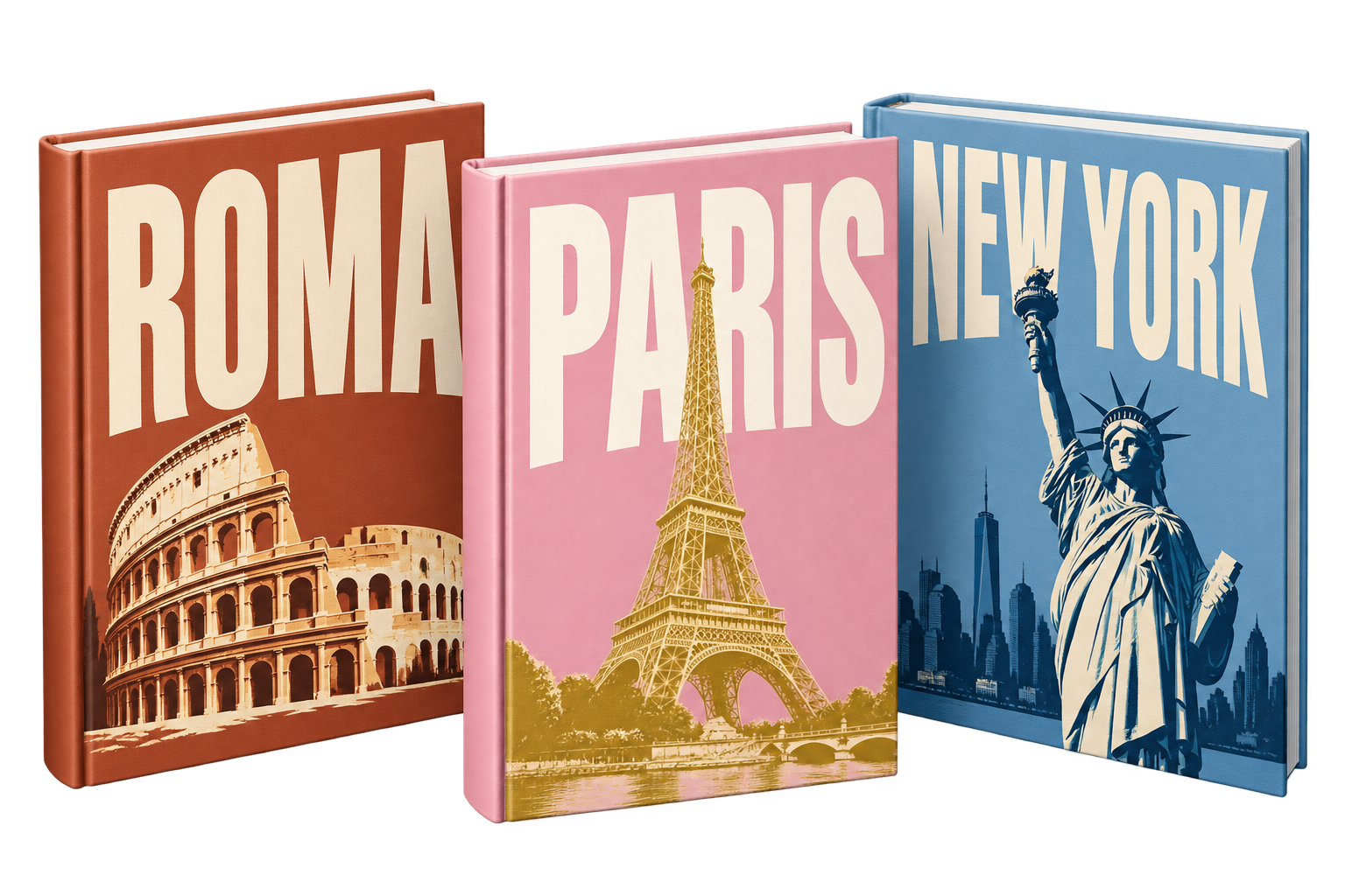 Ejemplos de tapas de fotolibros: París en rosa, Roma en terracota y Nueva York en azul