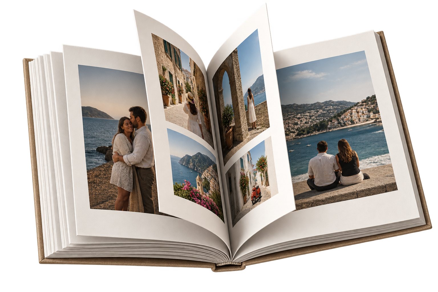 Fotolibro premium abierto con fotografías de viaje